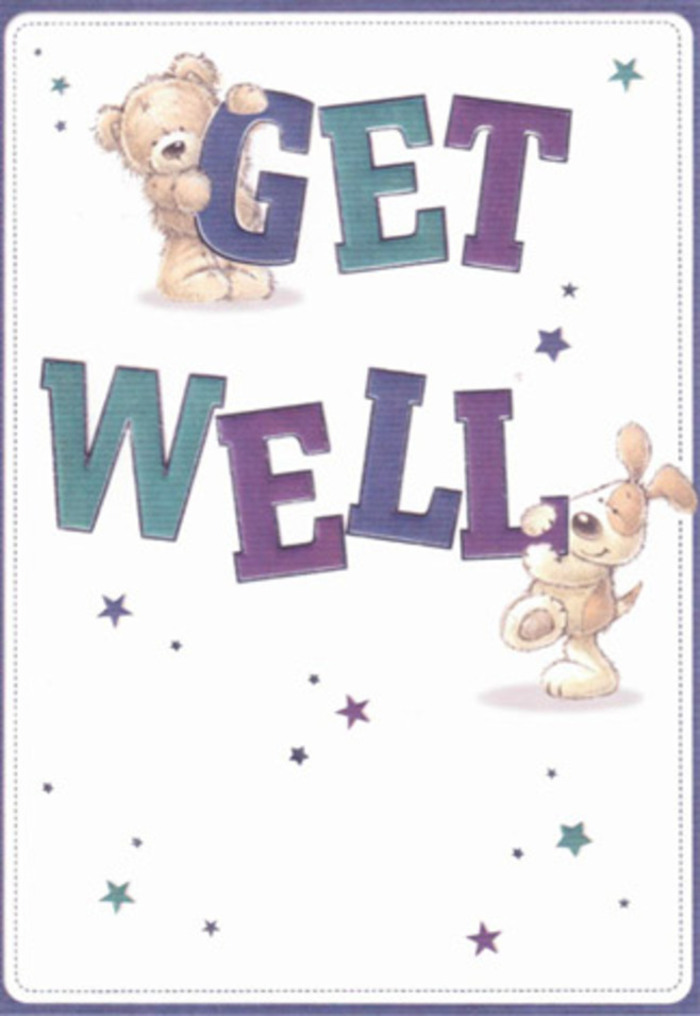 This card is a heartfelt celebration of comfort, reminiscent of the caring gestures exchanged throughout Golders Green's close-knit community. The tender illustration depicts an affectionate bear and an exuberant puppy surrounded by dancing stars of purple and blue-motifs that seem to scatter good wishes through the air much like petals on the pavements near Finchley Road. The typography is bold and engaging, shaded in uplifting teals and gentle purples, grounding the design in friendliness and reassurance. Subtle shading gives their fur a softness that feels almost tangible, bringing a sense of touch and closeness. Each brushstroke and colour choice reflects the careful hand of a florist selecting just the right blooms, wishing to lift the spirit and offer sincere comfort. The overall mood is one of airiness and gentle happiness, ideal for sending a message of hope and healing to those in recovery, especially when combined with a fresh arrangement delivered within the Golders Green area.